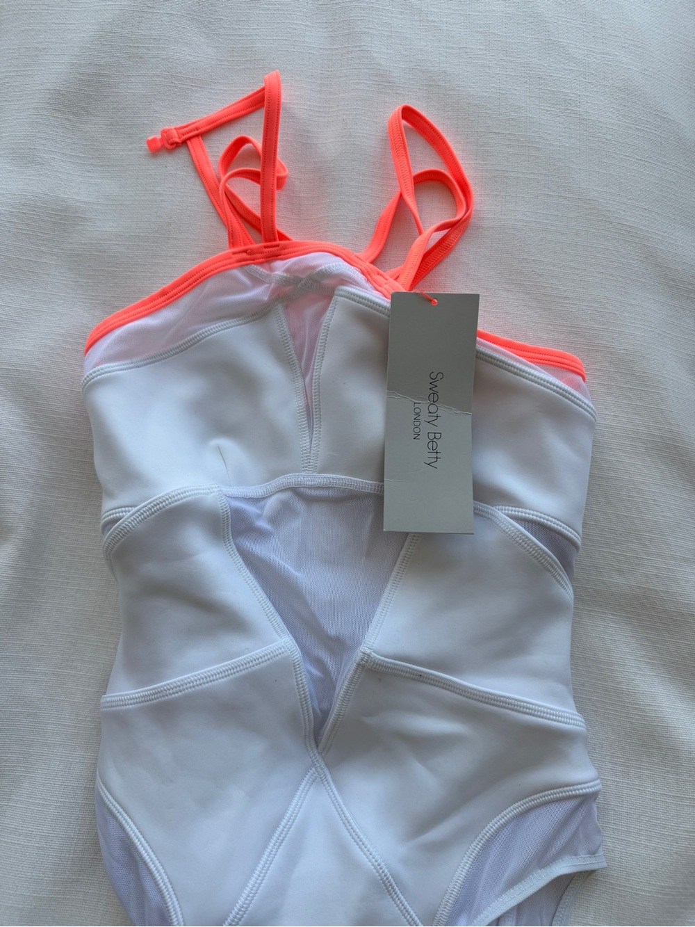 NEW Sweaty Betty White One-Piece Swimsuit with Neon Coral Trim XS
